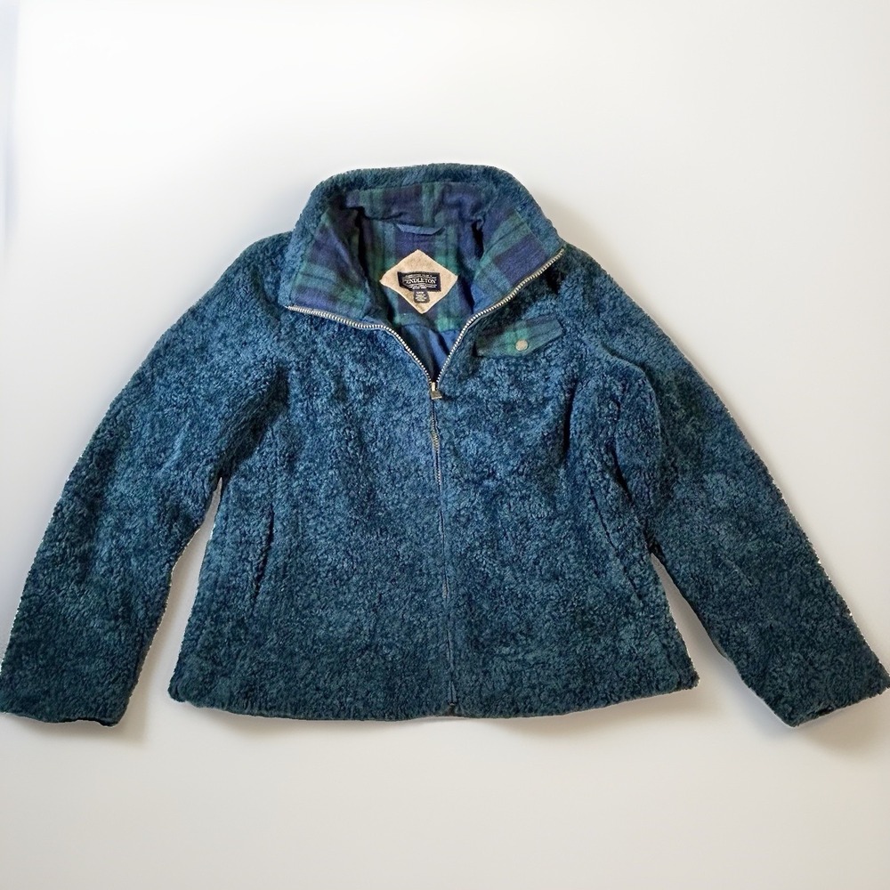Pendleton Teddy Sherpa Jacket Womens S Full Zip Tartan Blue Cabincore Fleece
